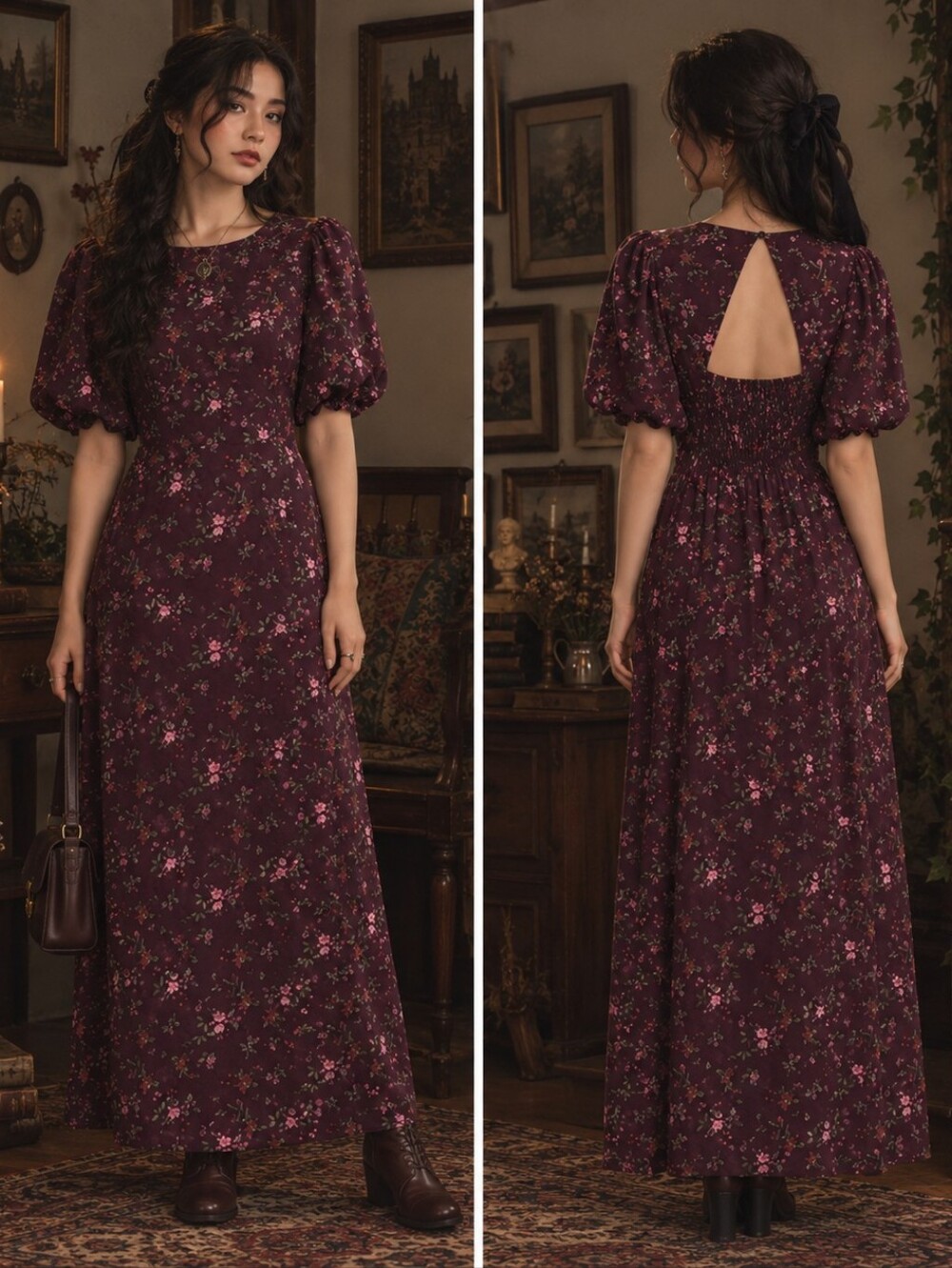 Floral Maxi Dress Puff Sleeve Cutout Split Medium Petite Burgundy Whimsigoth